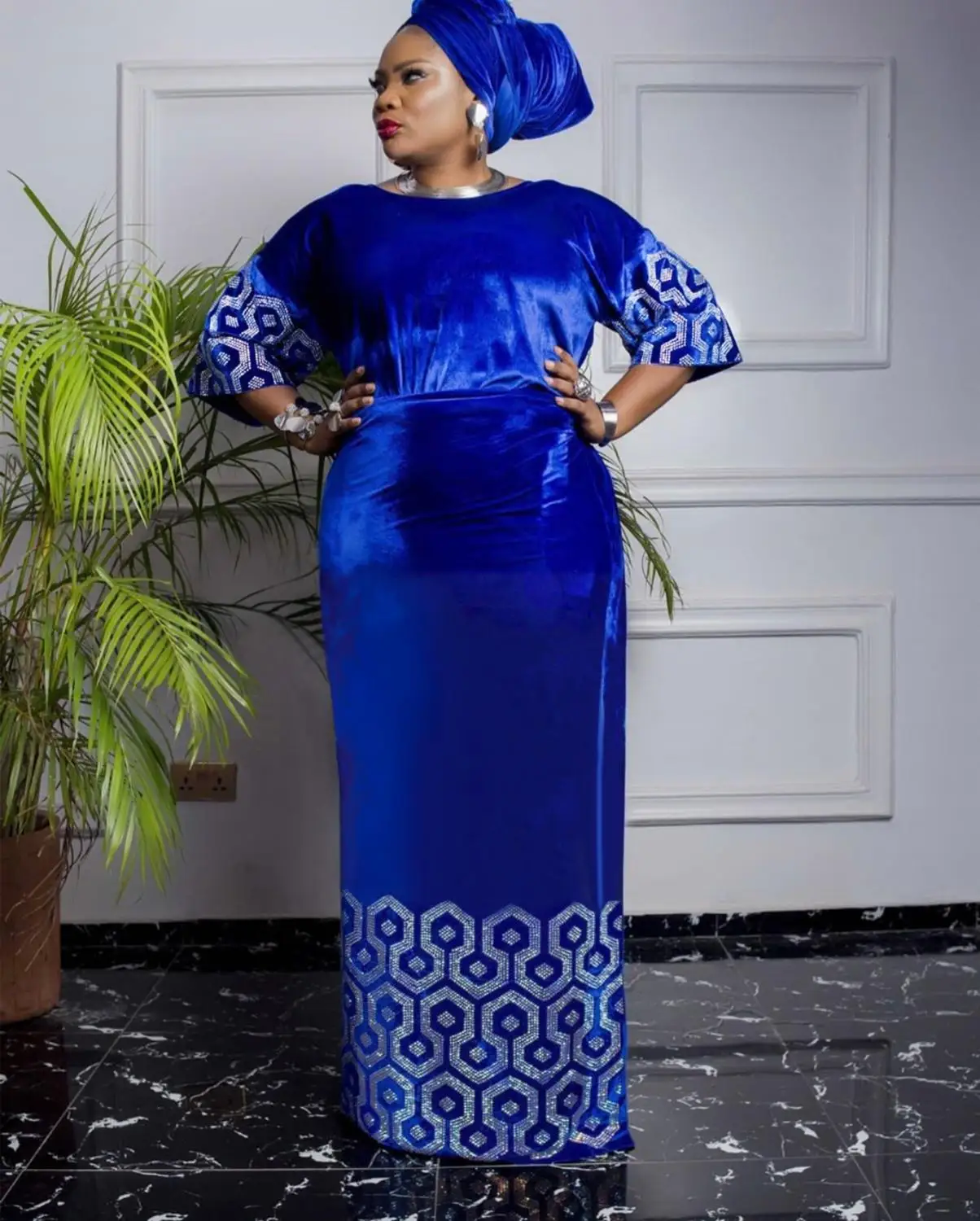 

2020 african dress for woman velvet dress three pcs one set with stone big size