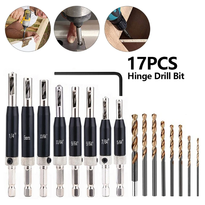 

17 PCS Door And Window Hinge Hinge Hole Opener Hex Drill Bit Positioning Set