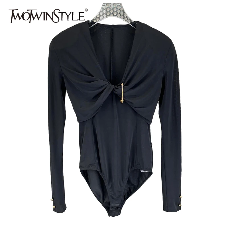 

TWOTWINSTYLE Black SexyTwist Front Bodysuit Women V Neck High Waist Slim Korean Fashion Patchwork Women's jumpsuit Summer Style