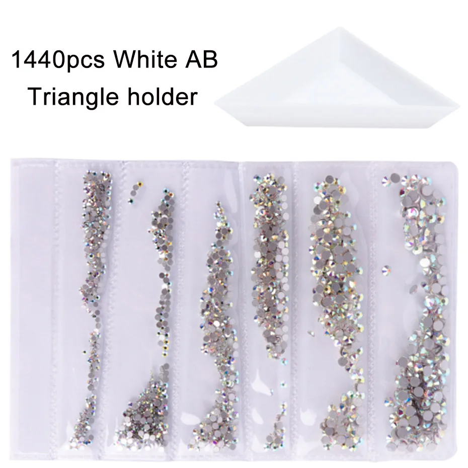 31-Triangle holder 1440 шт голографическое искусство ногтей Стразы SS3-SS10 смешанные размеры плоское с оборота стекло белое AB пламя Кристалл Камень Дизайн ногтей украшения JI880 - Цвет: 31-Triangle holder