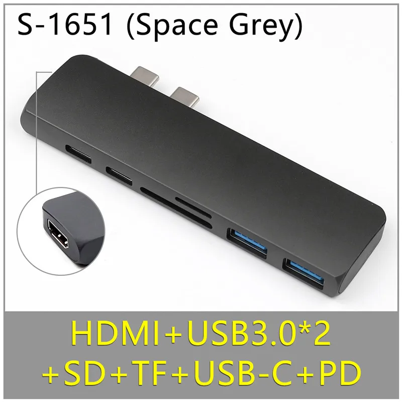 Grey With HDMI Port Два порта USB C концентратор до 4K HDMI адаптер Thunderbolt 3 двойной USB 3,1 данных type-C концентратор TF SD PD адаптер для MacBook Pro Air 13 - Цвет: Grey With HDMI Port