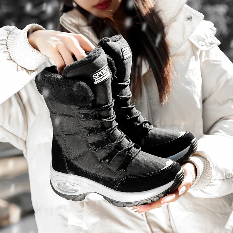 

SKRENEDS 2019 Fashion Women Boots High Quality Mid-Calf Winter Snow Boots Women Lace-up Comfortable Outdoor Non-slip Rain Boots