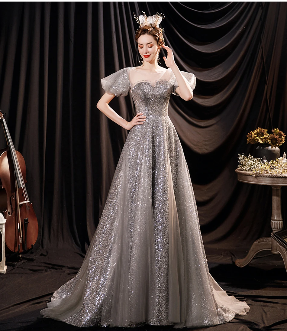

Glitter Silver Sequin Prom Dresses 2021 A Line Puff Short Sleeves Long Evening Gowns Crystals Beading Women Luxury Formal Dress