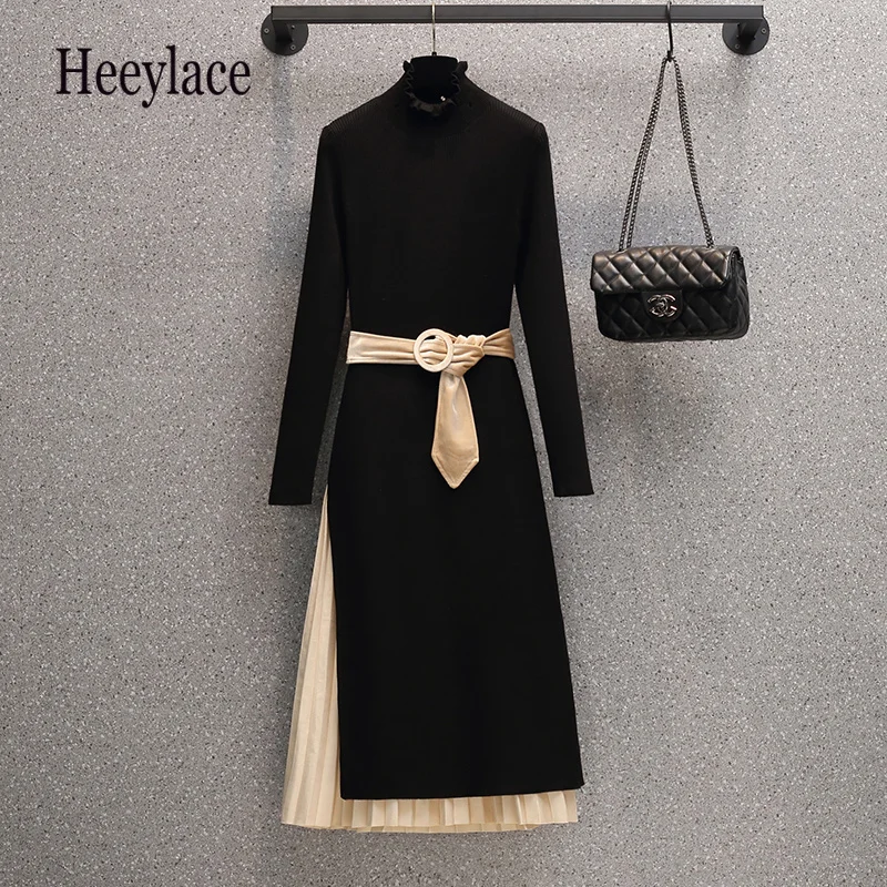 

Женское винтажное бархатное платье-двойка, толстое платье с высоким воротником и длинным рукавом и юбка с высокой талией в Корейском стиле, ...