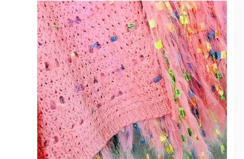 Women Autumn Sequins Tassels Sweater Coat Crocheted V-Neck Fluffy Outwear Color Fringed Velvet Long Knitted Jacket