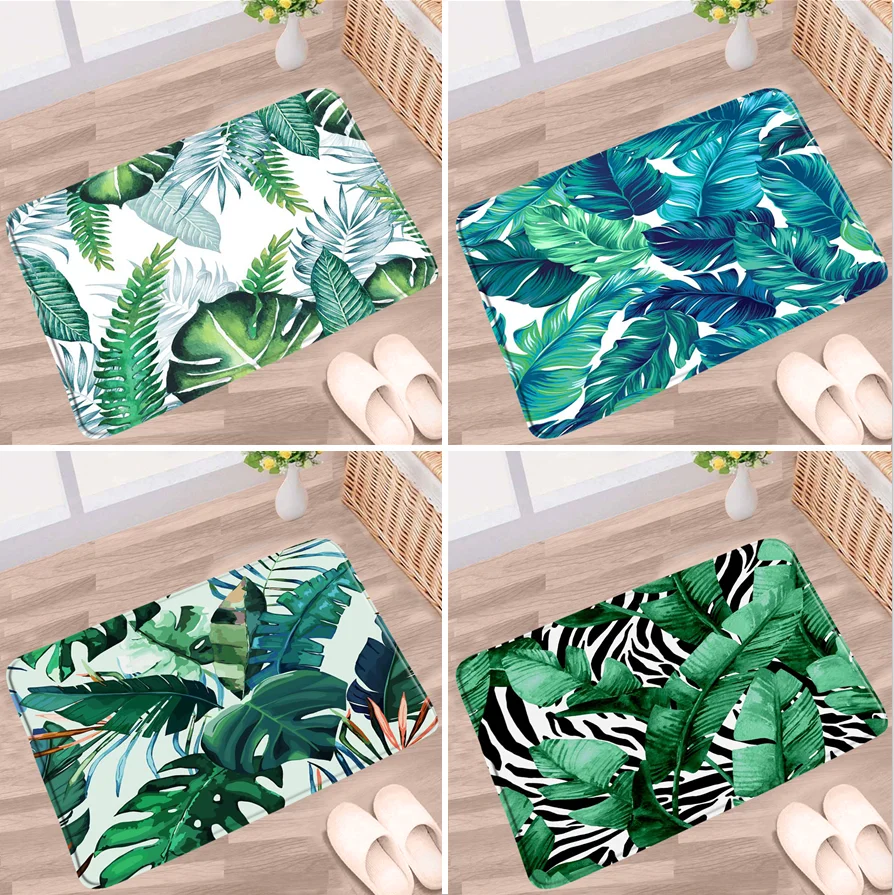 

Tropical Leaf Bathroom Mat Green Plant Flower Scenery Palm Monstera Watercolor Leaves Non-slip Rug Bath Kitchen Entrance Carpets