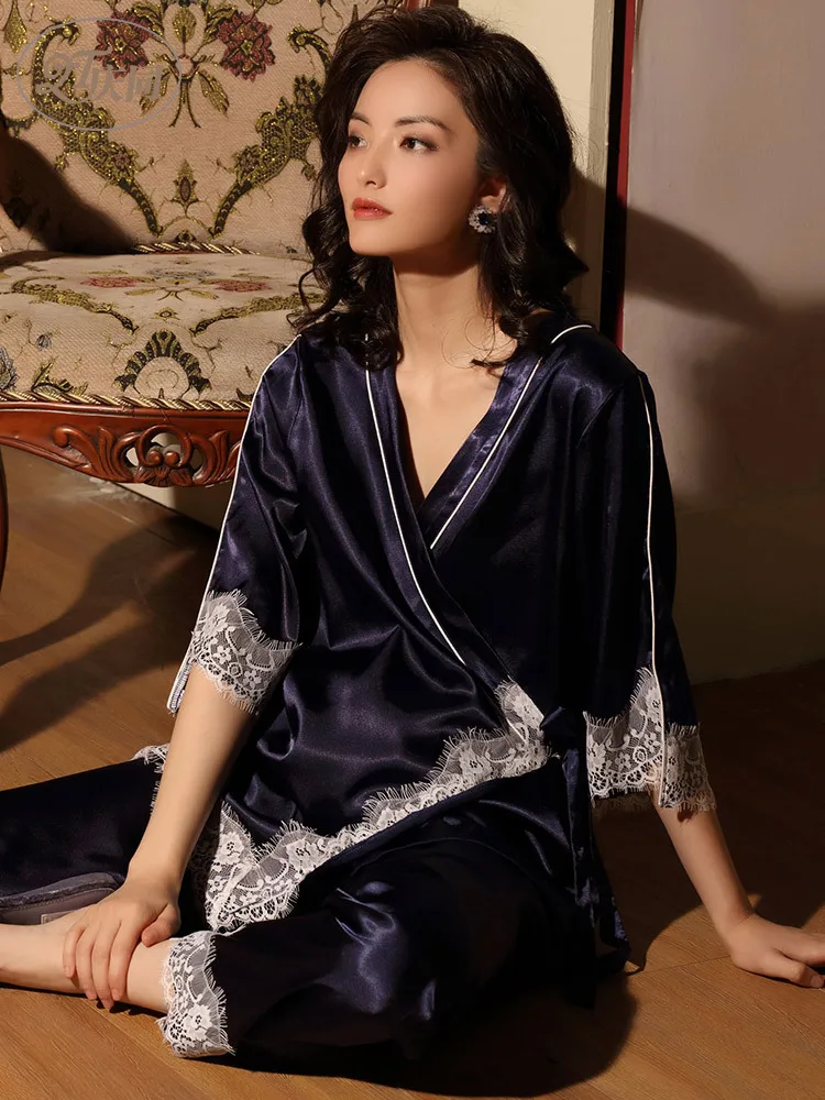 

Women Summer Ice Silk Sexy Pajamas Solid V-Neck Kimono Pijama Mujer Loose Lace Sleepwear Loungewear Satin 2 Piece Home Clothes