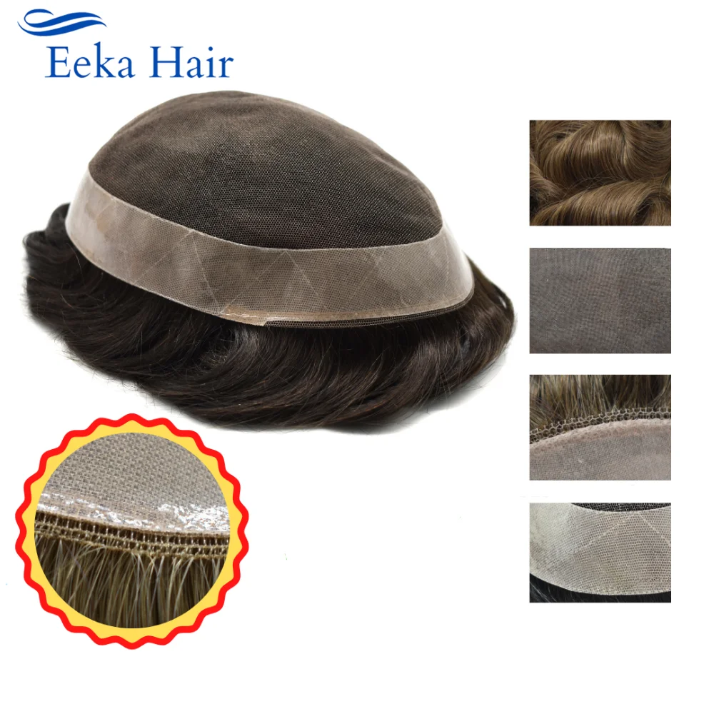 Eeka Men Toupee HairPieces Transparent French Lace With PU Around Medium Density Off Black Brown Color Grey Hair Mens Wig （Dawn)