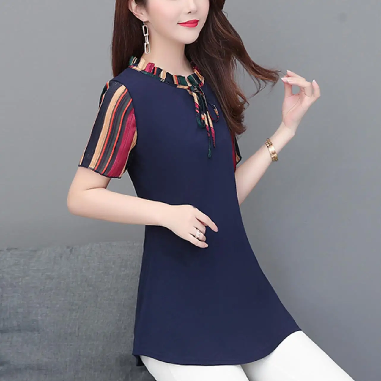 

Women clothes Elegant Chiffon bow collar elegant Ruffled short sleeve Shirt Office Lady Tops 2021 Spring New tshirt