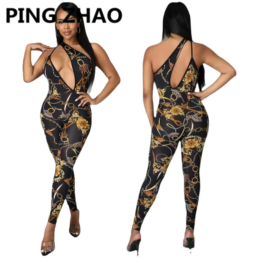 

PING ZHAO Women Jumpsuit Print Sleeveless One Shoulder Skew Neck Women's Jumpsuit Sexy Fashion One Piece Bodycon Overalls Outf