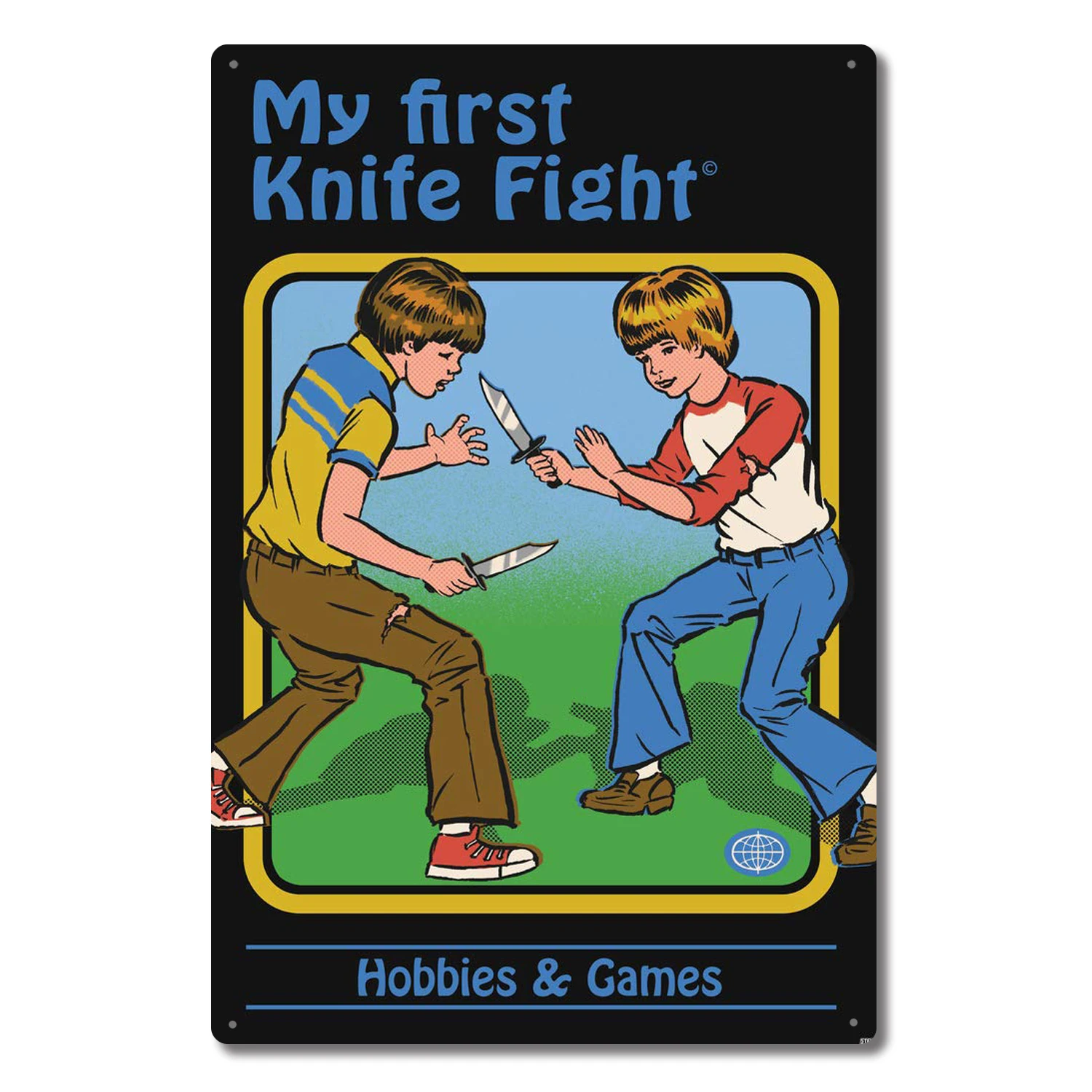 

My First Knife Fight Tin Sign Steven Rhodes Horror Retro Vintage Style Funny Cool Wall Decor Art Print Poster Metal Signs12x8in