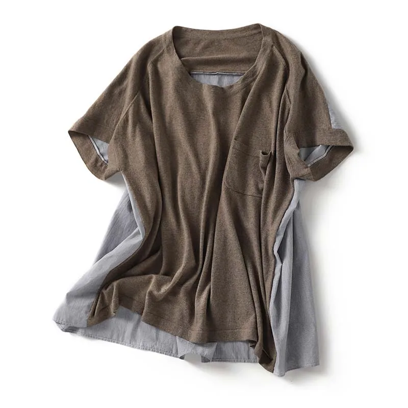 

Sweater T-shirt 2021 New Style Switching Ladies Fashion Short Sleeve Loose Round Neck Summer Knitwear Patchwork Color Block