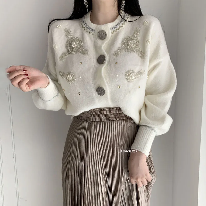

2021 New Fashion Heavy Embroidery Beaded Woman Sweaters Korean Chic Retro Round Neck Cardigan Single-breasted Sweaters for Women
