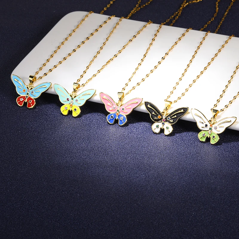 

Fashion Dripping Oil Butterfly Necklace Two-color Butterfly Pendant Colorful Zircon Stainless Steel Chain Luxurious Jewelry Gift