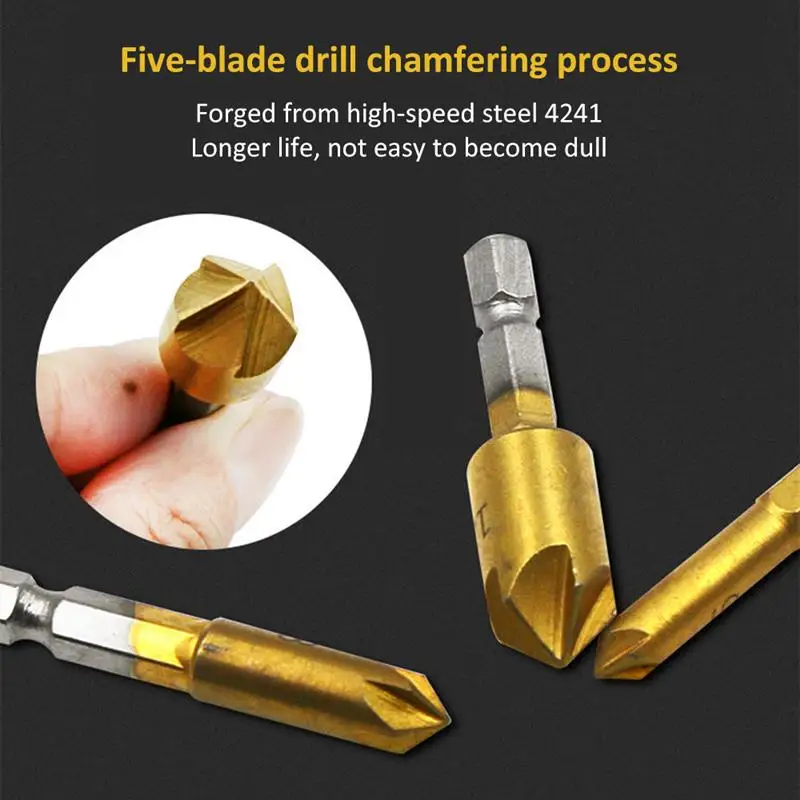 

Chamfer Countersink Chamfer Drill Bit Hex Shank 90 Degree Wood Chamfering Cutter 6mm-19mm Hexagonal Shank Five-Blade Knife