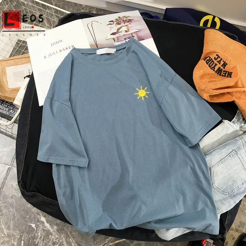 harajuku weather embroidery Women t shirt cartoon Loose All-match summer Short Sleeve Simple Kawaii Candy colors tshirt | Женская одежда