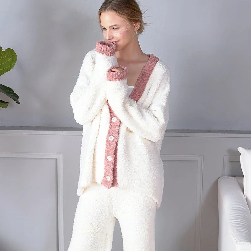 

2020 вязаный фланелевый Кардиган женские пижамы белая Домашняя одежда толстые теплые осенние и зимние модные пижамы в стиле ретро