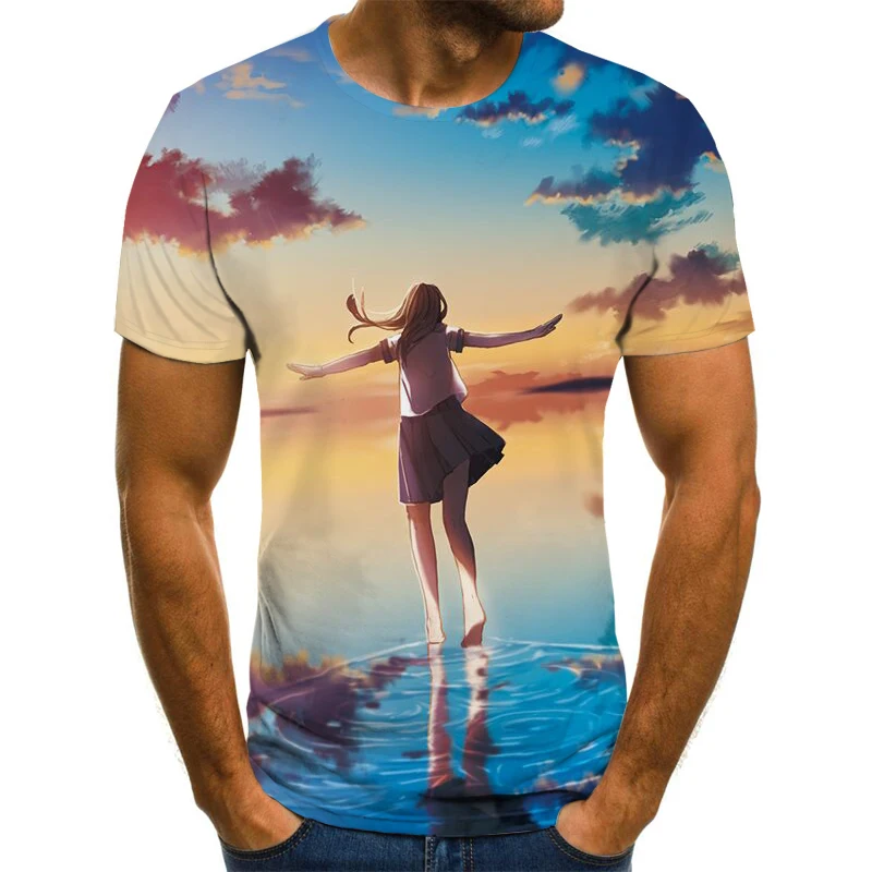 

2021 Summer New 3D Digital Printing Short-Sleeved Crescent Beach Girl Pattern Quick-Drying T-Shirt