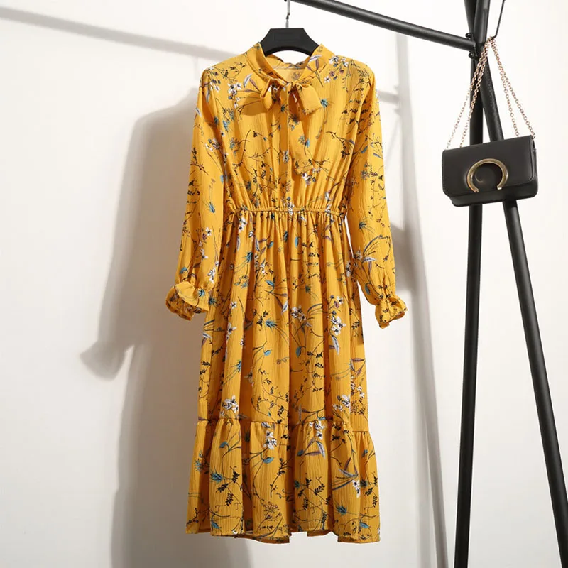 

Fashion Spring Autumn Women Dress High Quality Long Sleeve Dress Casual Chiffon Floral Printed Slim Dresses 28 Colors 1PC