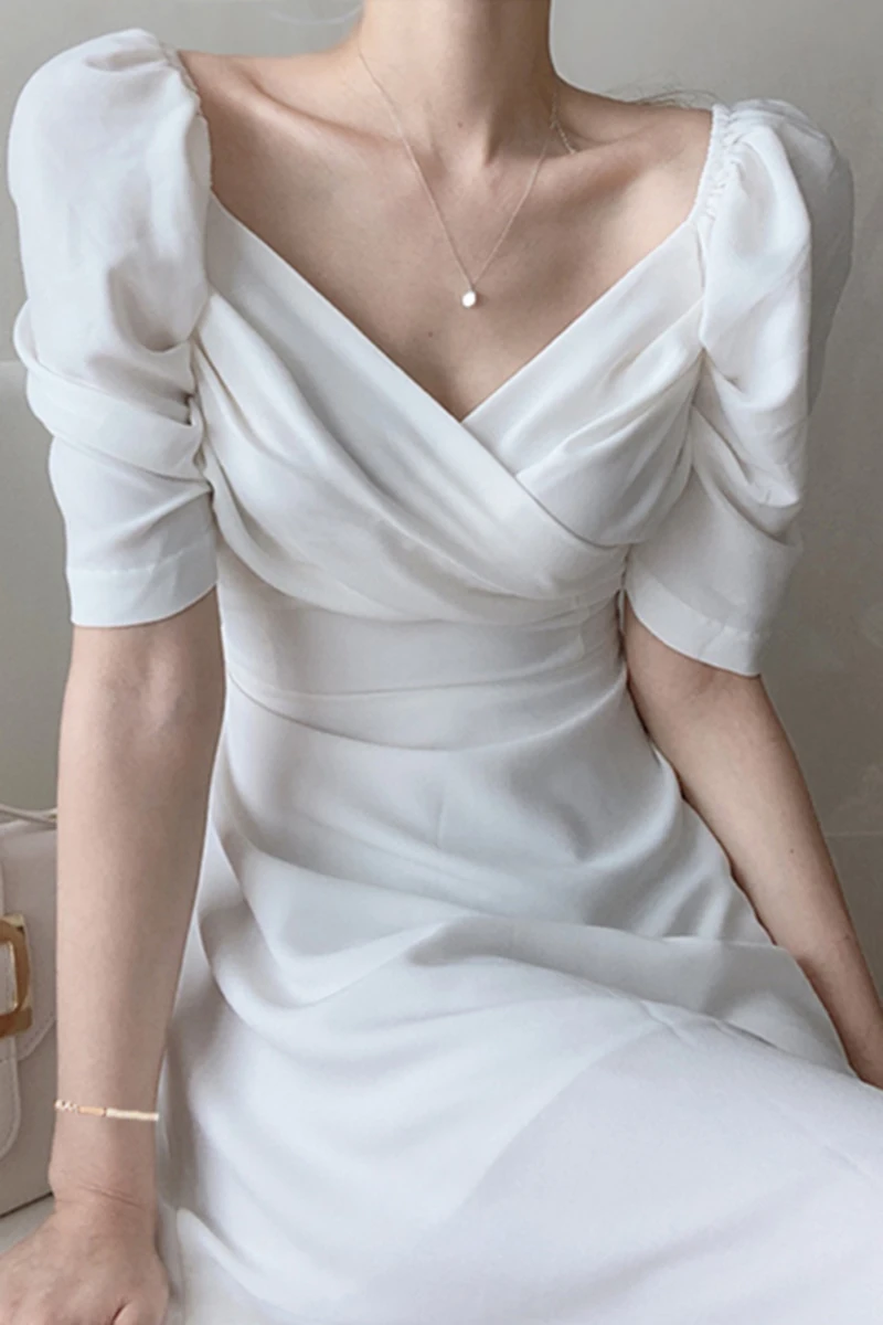 

YAMDI a-line dresses short sleeve midi chiffon dress women vintage elegant party woman summer korean 2020 new solid v neck robe