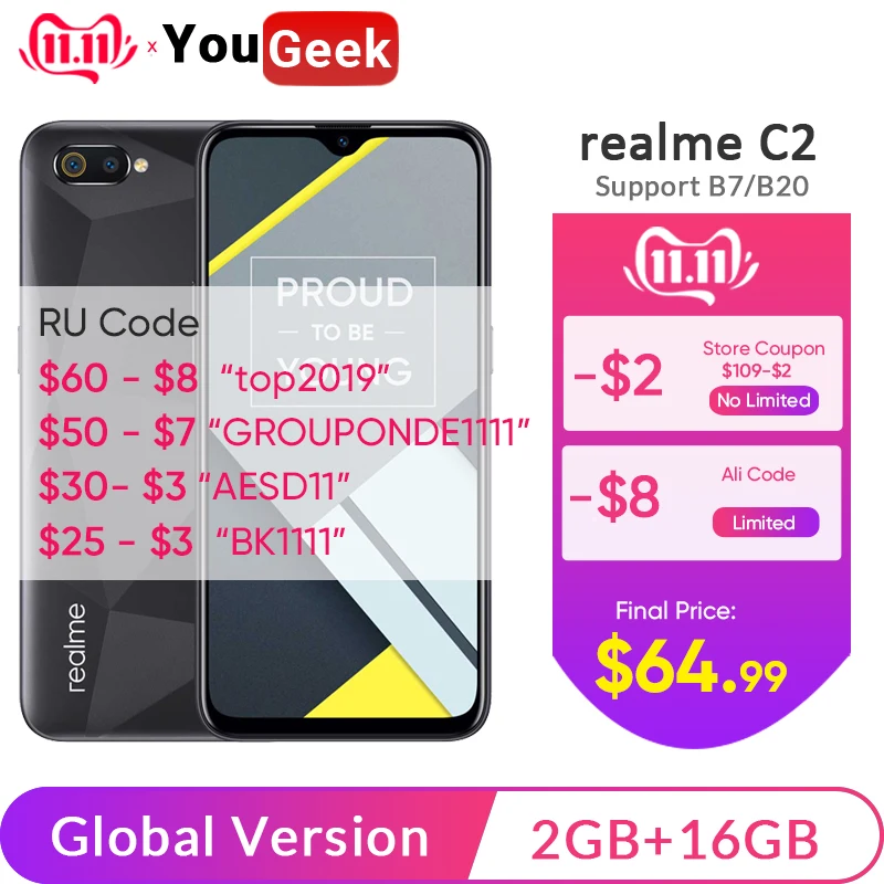 Смартфон realme C2 2 Гб 16 глобальная версия дюйма Восьмиядерный процессор Helio P22