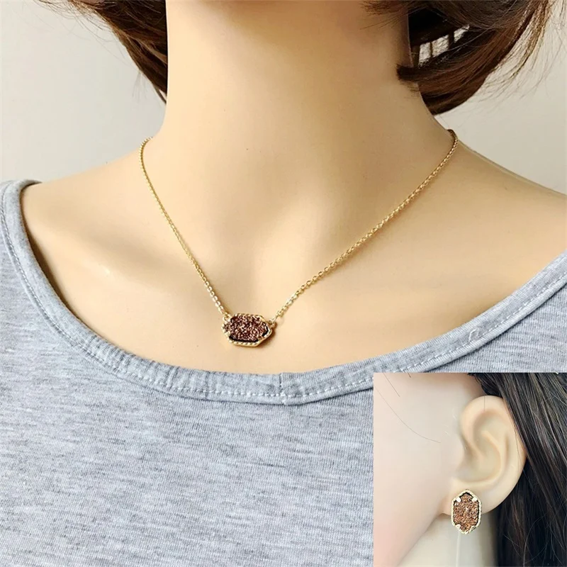 Druzy Drusy ожерелье серьги ювелирный набор кристалл смолы с камнем Золотой Бренд