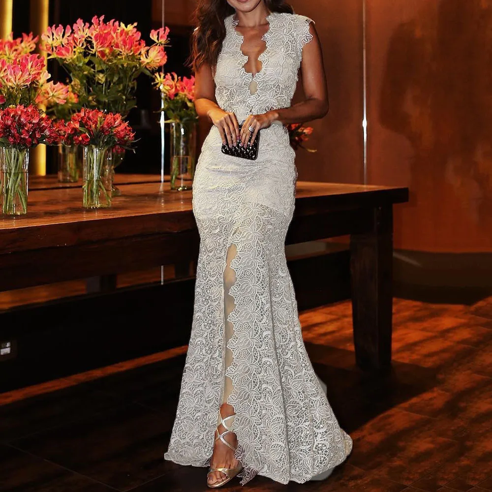 Женское вечернее платье длинное Кружевное облегающее Бохо с глубоким вырезом и