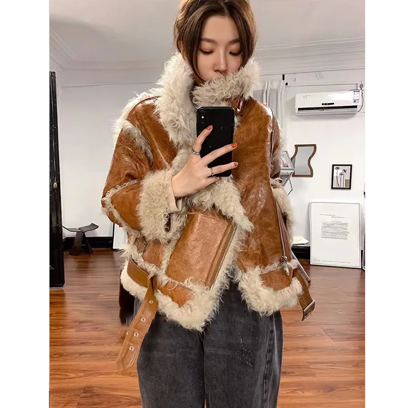 

Faux Fur Coats and Jackets Women Korean Fashion Fur One Motorcycle Jacket Winter Thick Warm Fur Streetwear