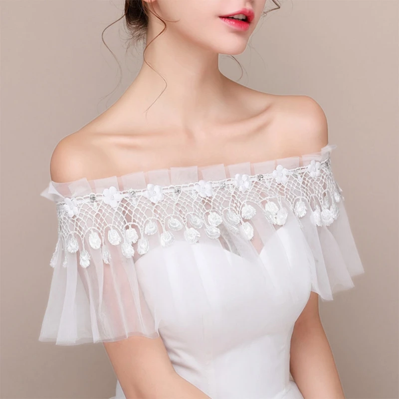 

Wedding Bride Mesh Tulle Off Shoulder Shawl Wrap Floral Lace Tassel Rhinestone Shrug Bolero Cape Eveing Party Cover Up