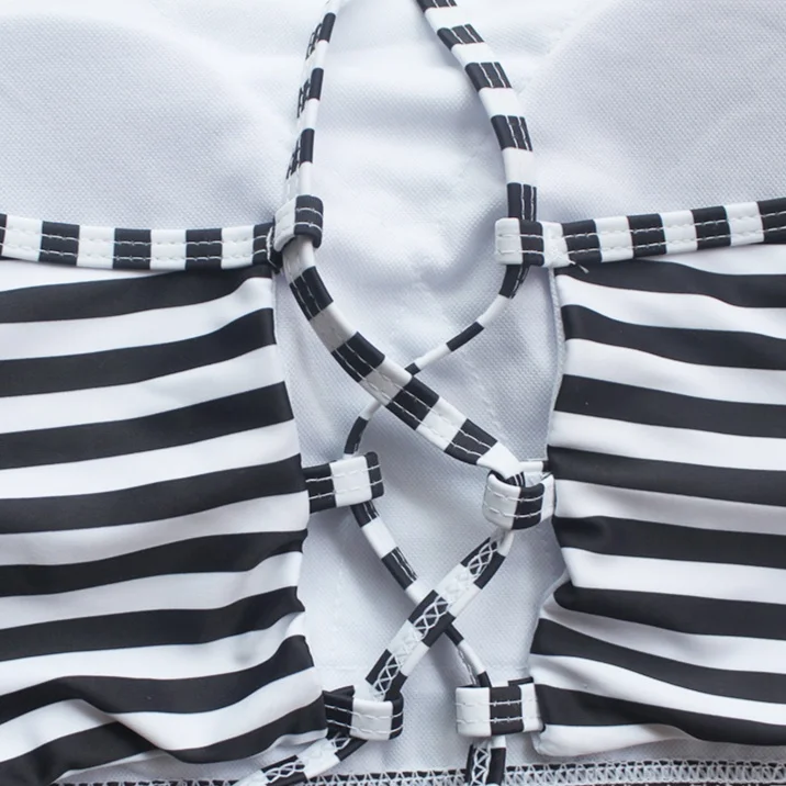 

Two-pieces Sexy Bikini Set New Fashion Women Girl Black And White Striped Lace-up Swimwear Yellow Wave Point Swimsuit