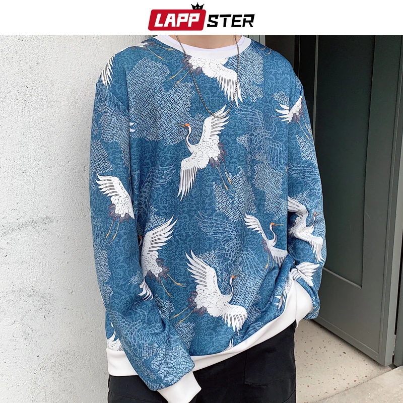 LAPPSTER Men Patchwork Crane Oversized Hoodies Mens Japanese Streetwear Hip Hop Sweatshirts Male Harajuku Kpop Hoodie 5XL