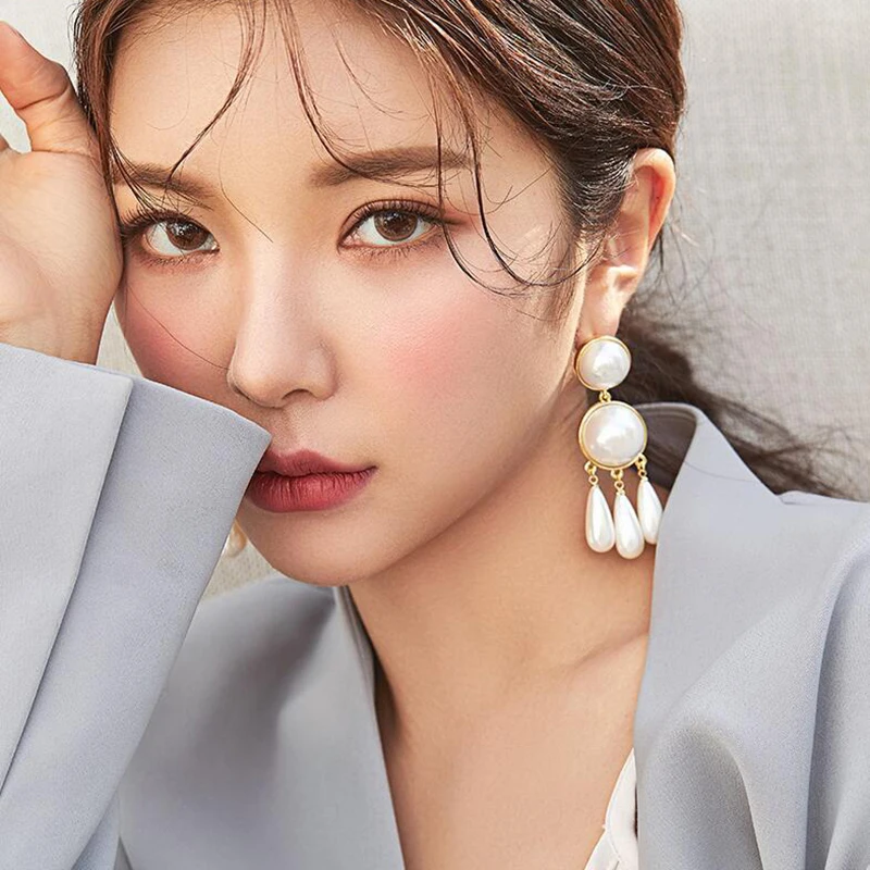 Trendy Elegant Simulated Pearls Long Dangle Earrings For Women Jewelry Pearls String Statement Drop Earrings Wedding Party Gift