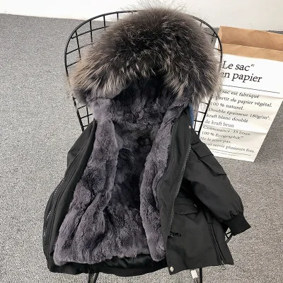 Black Dark Grey Детское пальто с мехом; зимняя одежда для мальчиков и девочек; детские куртки с натуральным кроличьим мехом; Верхняя одежда для девочек; плотная теплая парка; детская ветровка; TZ336 - Цвет: Black Dark Grey