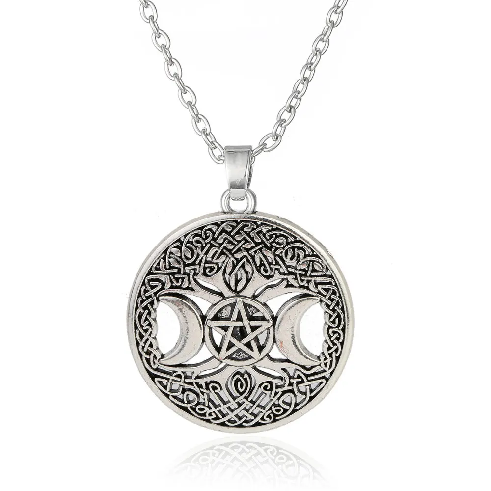

Triple Moon Goddess Wicca Pentagram Magic Amulet Necklaces Tree Of Life Moon Star Women Pendants Choker Gifts Jewelry