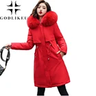 Хлопковая парка GODLIKEU, модная теплая куртка с меховым воротником на зиму и весну, женское длинное пуховое пальто с капюшоном, женское пальто