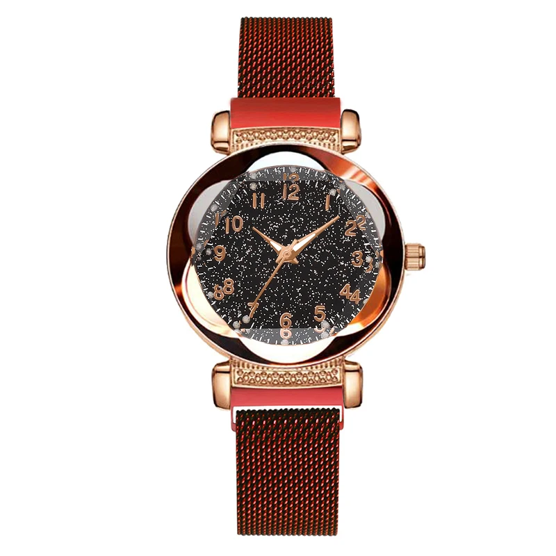 Красный Прямая, женские сетчатые магнитные часы с пряжкой, звездное небо, роскошные женские геометрический цветочный циферблат, кварцевые часы, Relogio Feminino - Цвет: Красный