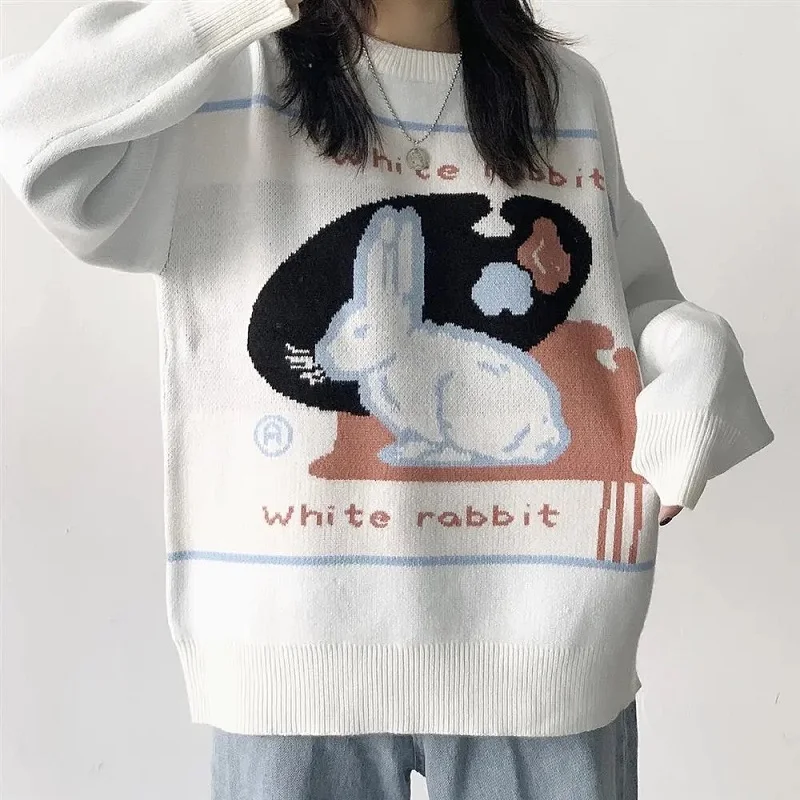 

Korean style street sweet and pullover knit sweater cute kawaii rabbit round neck long sleeves warm high street clothing size