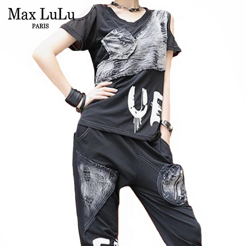 

Max LuLu British Summer 2021 Streetwear Ladies Printed Black Two Pieces Sets Women Outfits Female V-Neck Tops And Elastic Pants