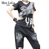 max lulu british summer 2021 streetwear ladies printed black two pieces sets women outfits female v neck tops and elastic pants