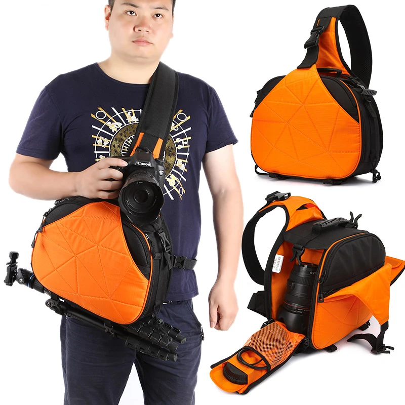 

Photo Camera Triangle Sling Shoulder Cross Body Soft Padded Men Women Bag Waterproof w/ Rain Cover Black Orange Bags Tripod Case