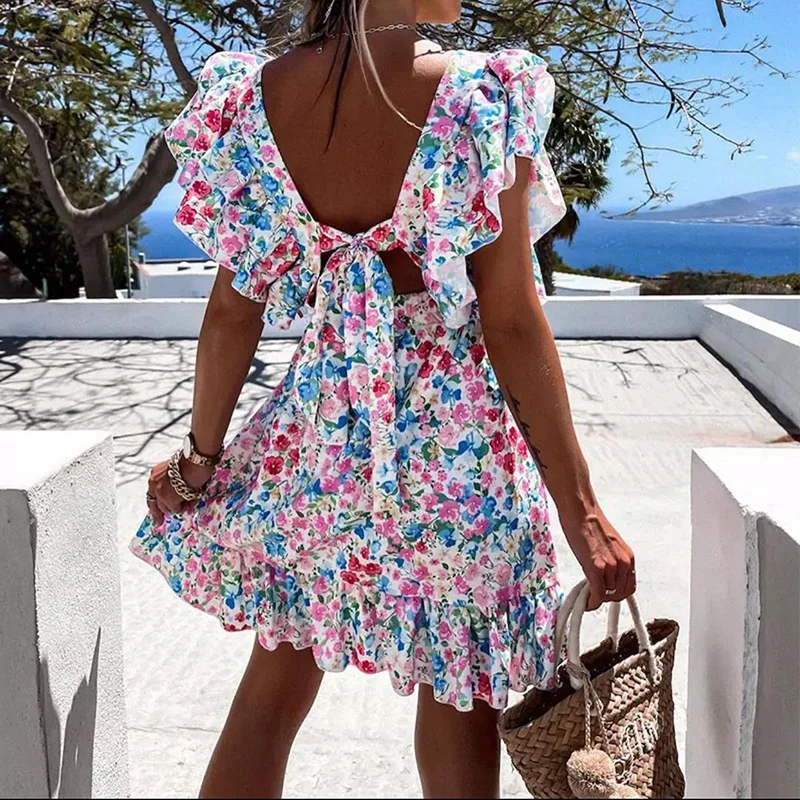 

Summer butterfly Sleeve Floral Print Dress 2021 Women Ruffle Square Collar back Lace-up Sundress boho a Line beach Party Dress