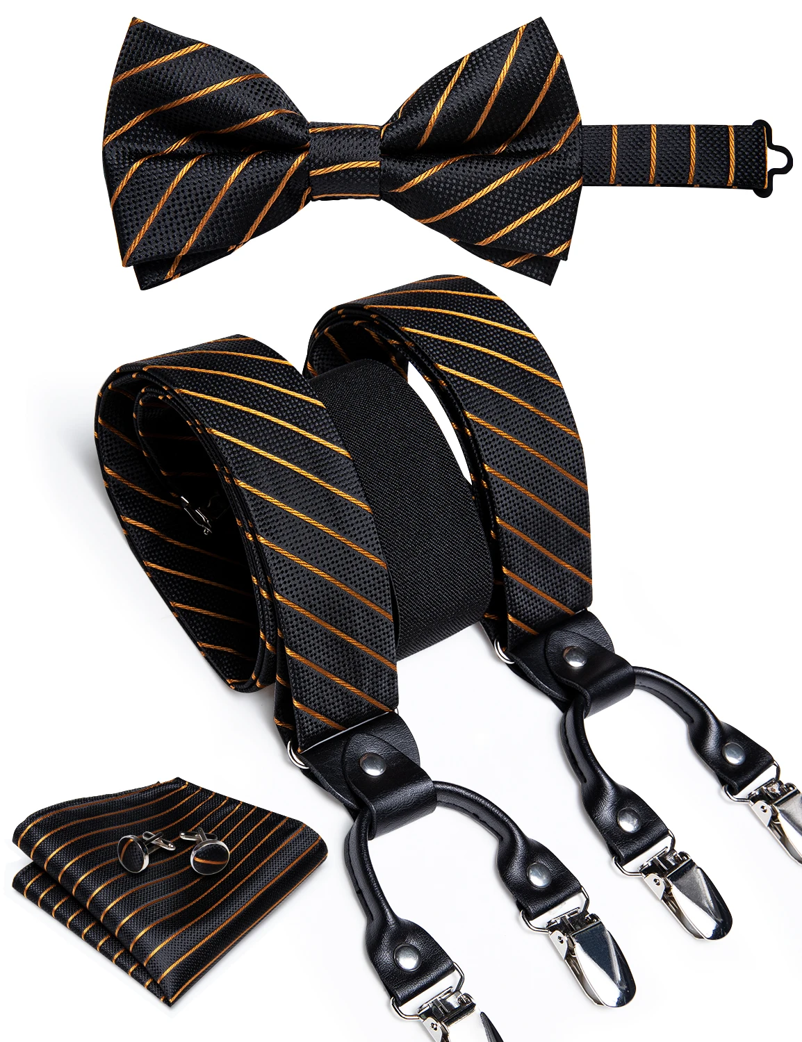 Black Suspenders For Men Leather 6 Clips Braces Trousers Strap Y Back Elastic Silk Suspender Bow Tie Set Men's Gift DiBanGu