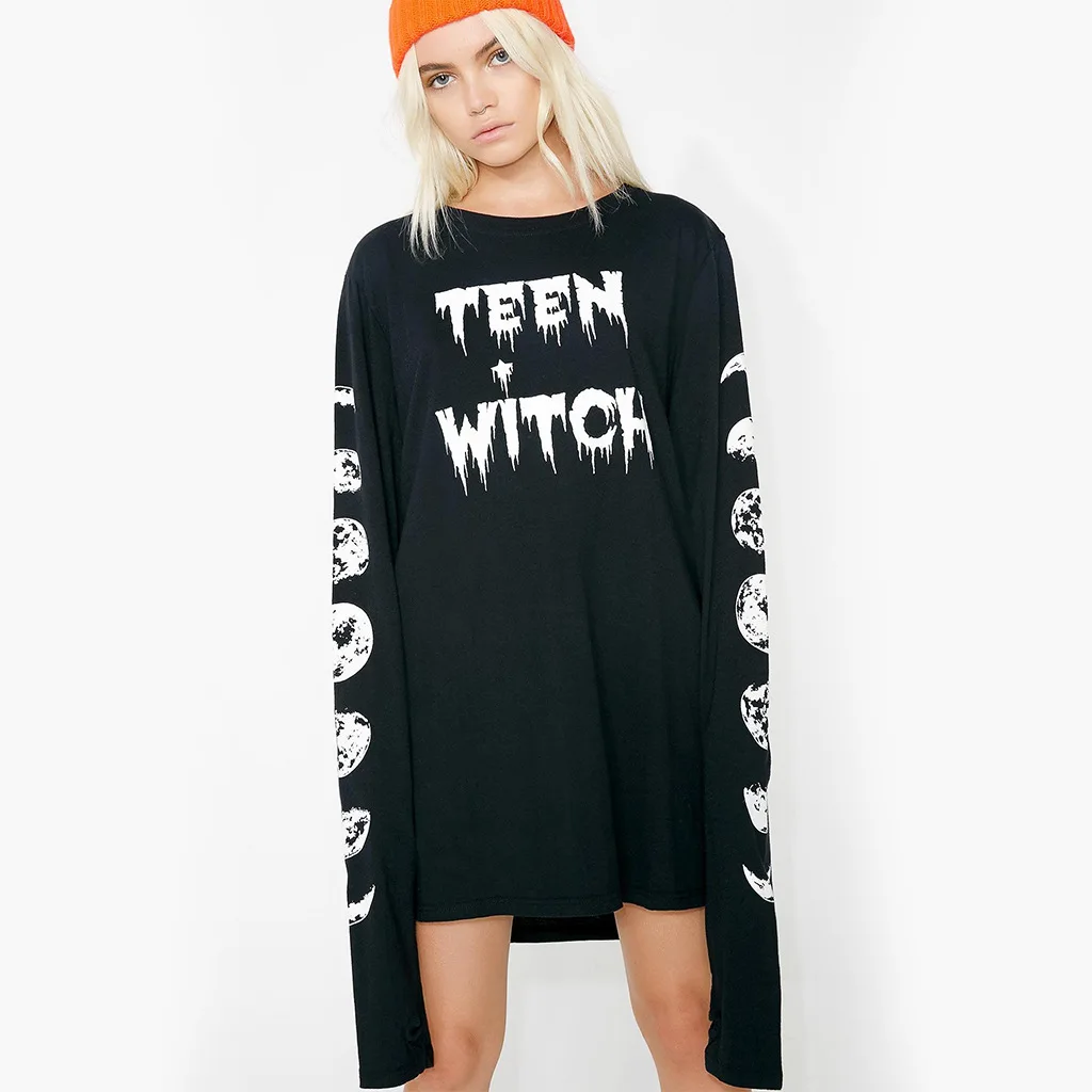 

Ursuper European and American Women's Clothing Party Packaging Club Wear Halloween Witch Letter Moon Pattern T-shirt Dress