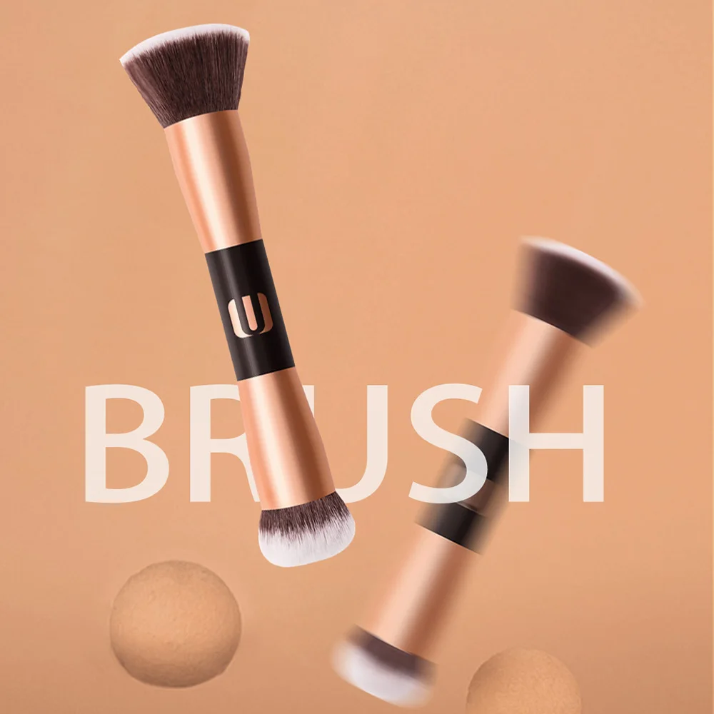 Duo-end Кисть для макияжа, многофункциональная деревянная ручка, Золотой наконечник, косметическая основа, пудра, консилер, Кисть для макияжа