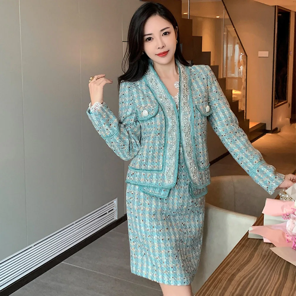 

2021 Autumn Winter 2 Pieces Set Elegant Fashion Vintage Plaid Tweed Long Sleeve Jackets Coat + Mini Skirts Suit Two piece sets
