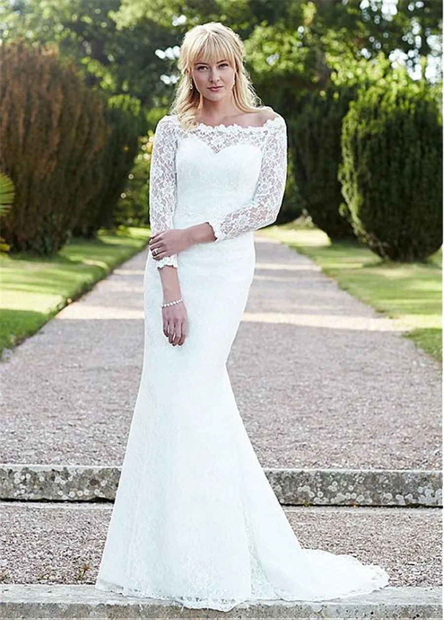

Elegant Lace Wedding Gown Long Sleeve Women Bridal Dresses Mermaid Cut Off the Shoulder Wedding Dresses