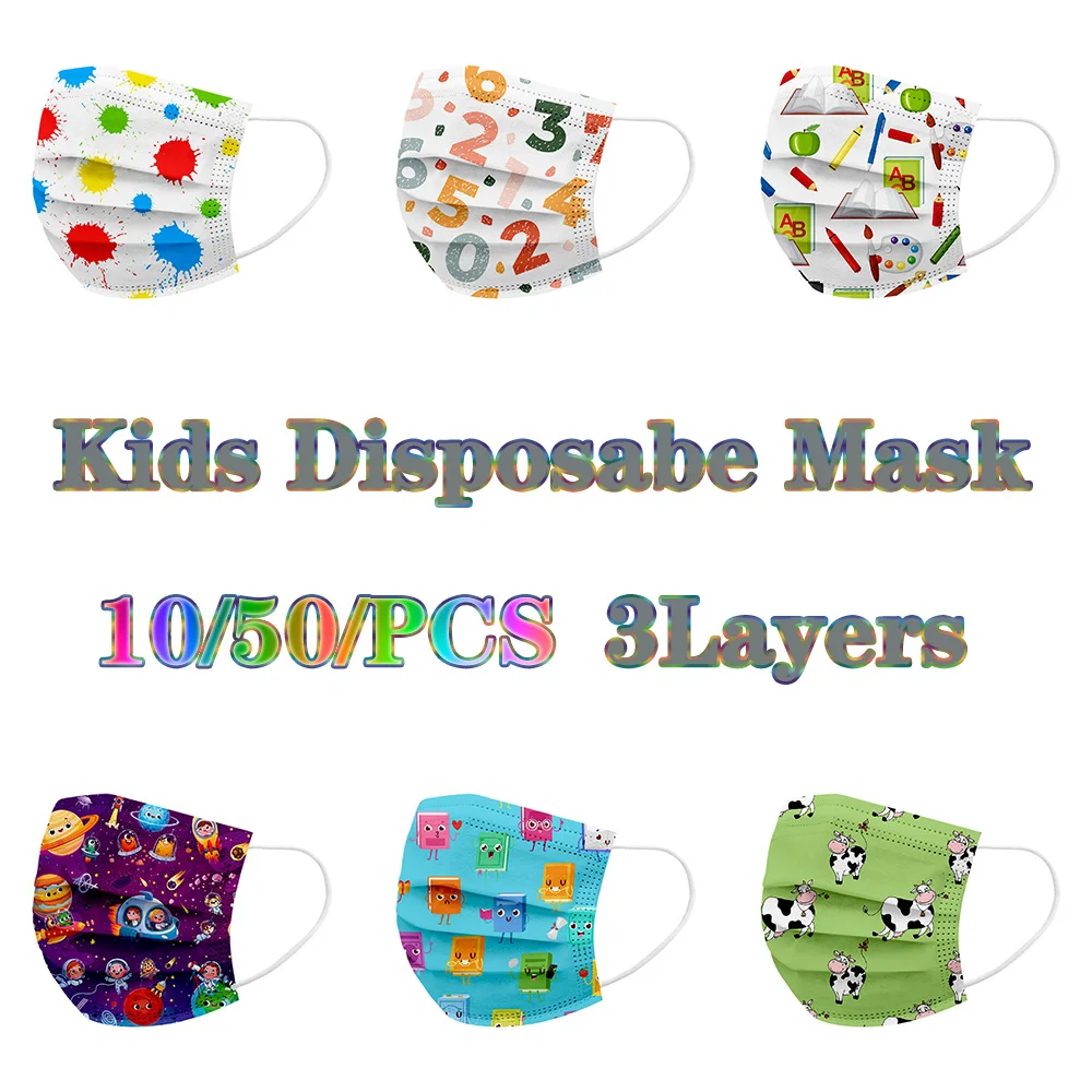 

10/50pcs Kids Disposable Mask 3 Layer Face Mask School Cute Print Facial Children's Face Mouth Mask Earloop Security Protection
