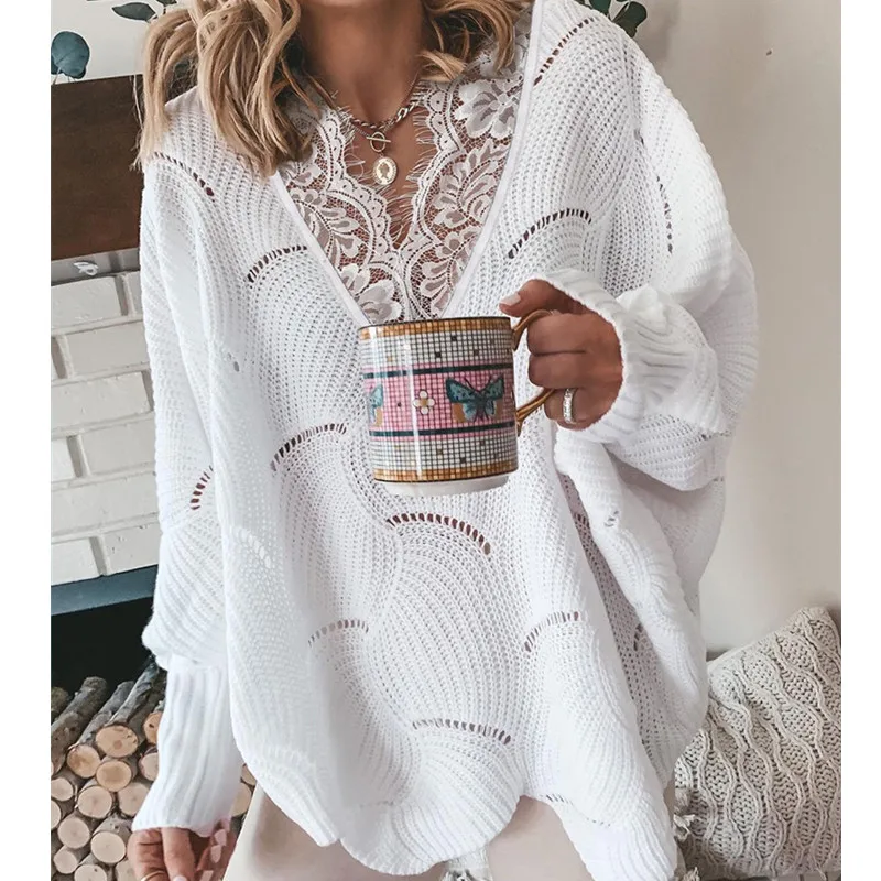 

Women Hollow Out Sweater Elegant Spring Autumn Loose Knitted Pullovers Female Winter Casual Patchwork Solid Color Sweaters