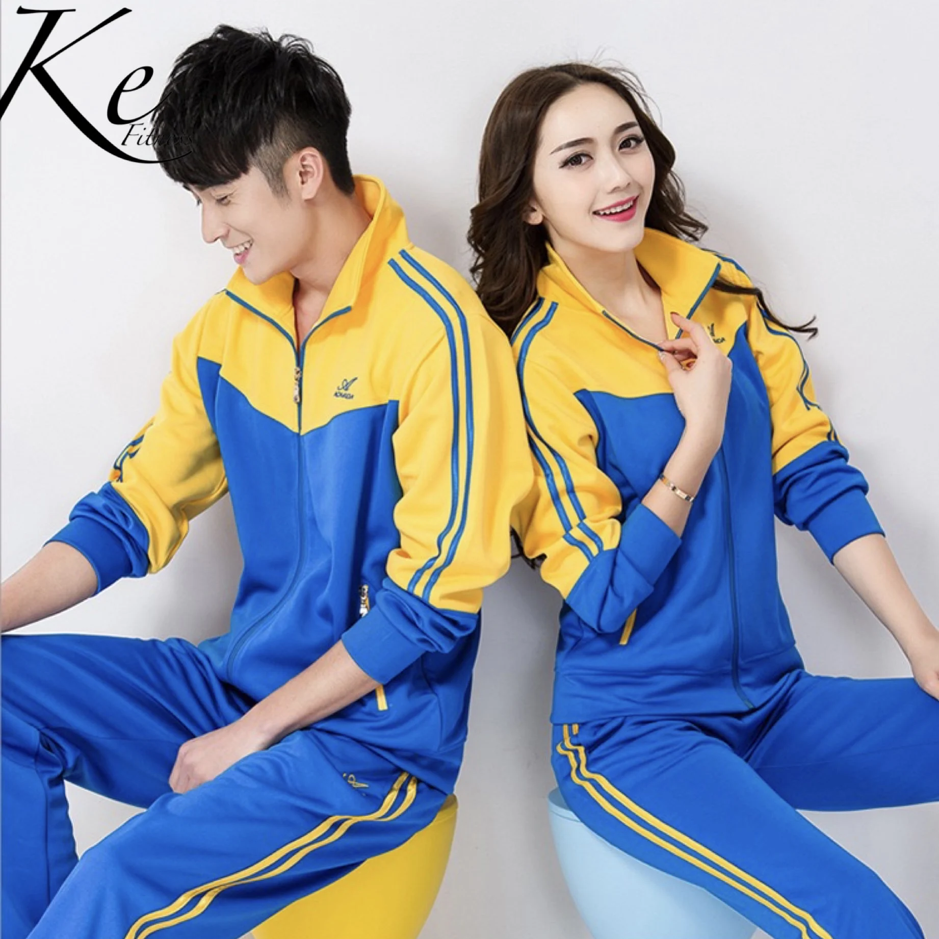 

KE New 2021 Sport Set woman man tracksuit autumn yellow big plus extra size 4XL jacket pants 2 pieces jogging running clothing