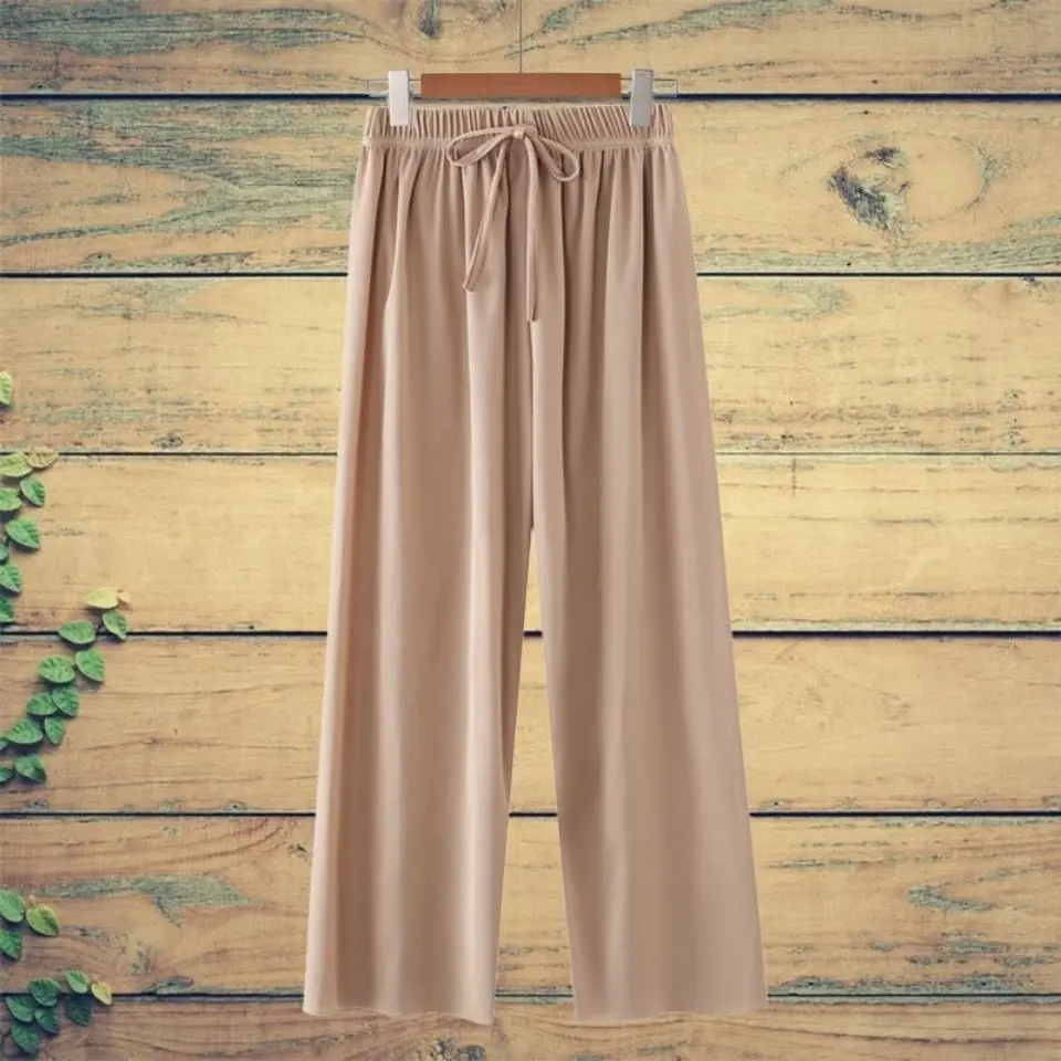 

Summer Thin Ice Silk Wide-leg Pants Women Korean Loose Plus Size Nine-point Pants High-waist Casual Pants